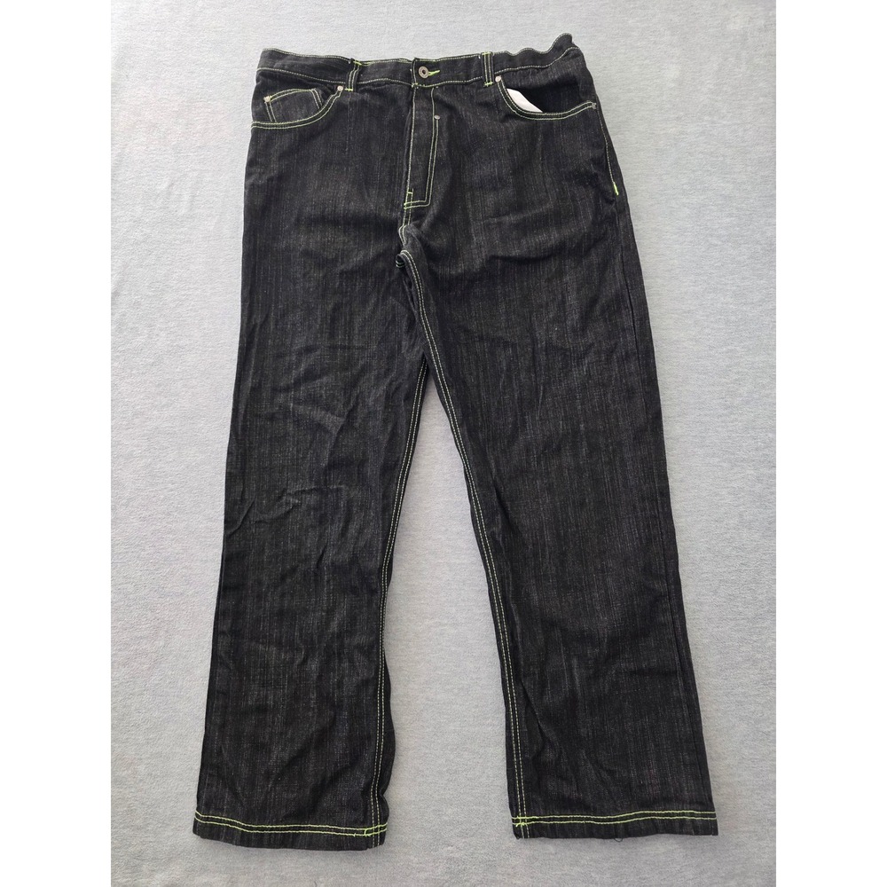 Ubug Mens Black Denim Jeans 42x32 Lime Green Contrast Stitch Y2K Streetwear